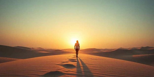 Persona solitaria caminando por el desierto con sol al atardecer