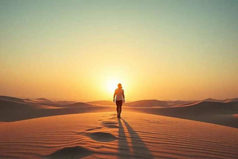 como-superar-detectar-crisis-existencial Persona solitaria caminando por el desierto con sol al atardecer