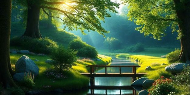 Puente de madera sobre un pequeño río en un bosque frondoso