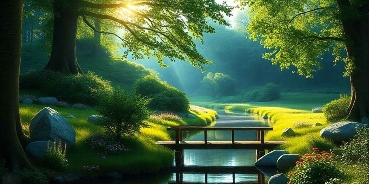 Puente de madera sobre un pequeño río en un bosque frondoso